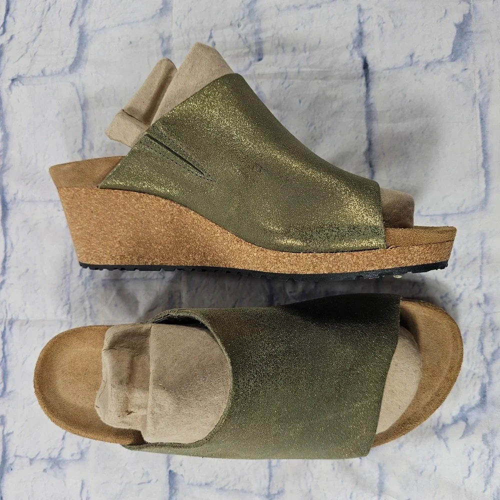 Papillio Birkenstock Namica Wedge Sandals Women 41 US 10 Metallic Olive Green